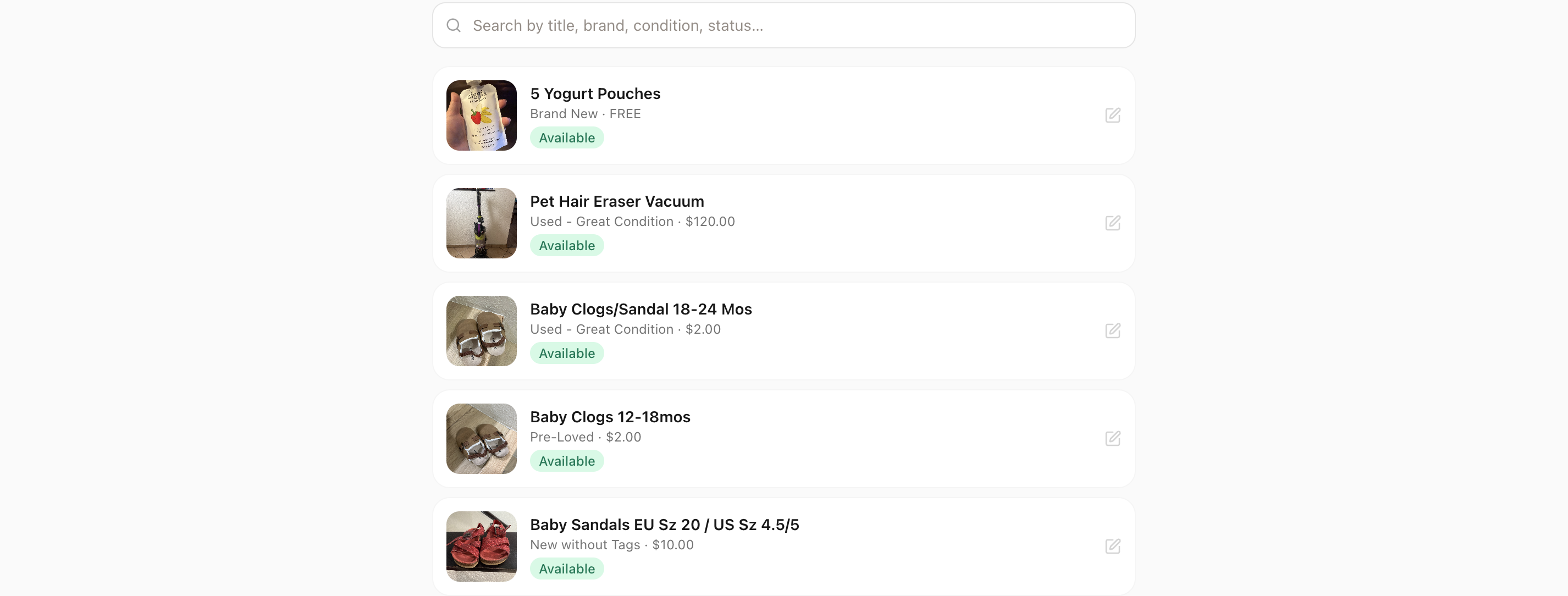 Admin listings view with status badges and search
