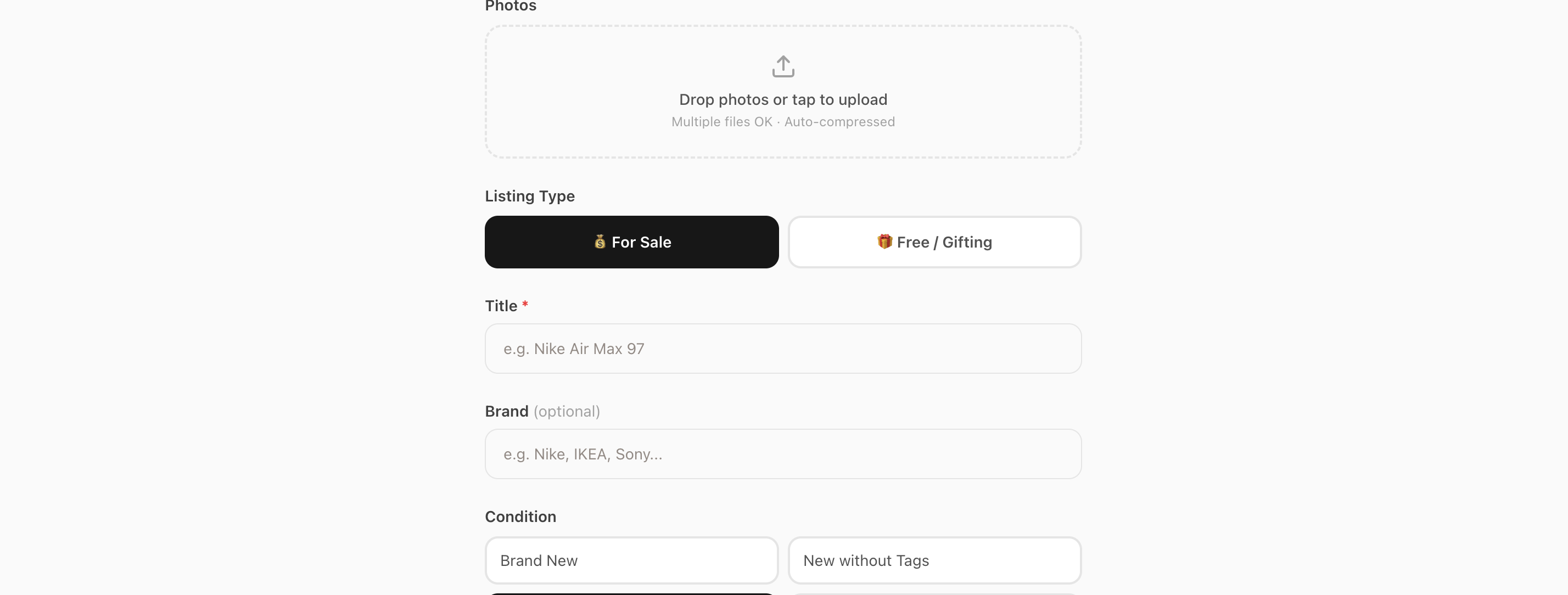 New listing form with photo upload, condition selector, and price