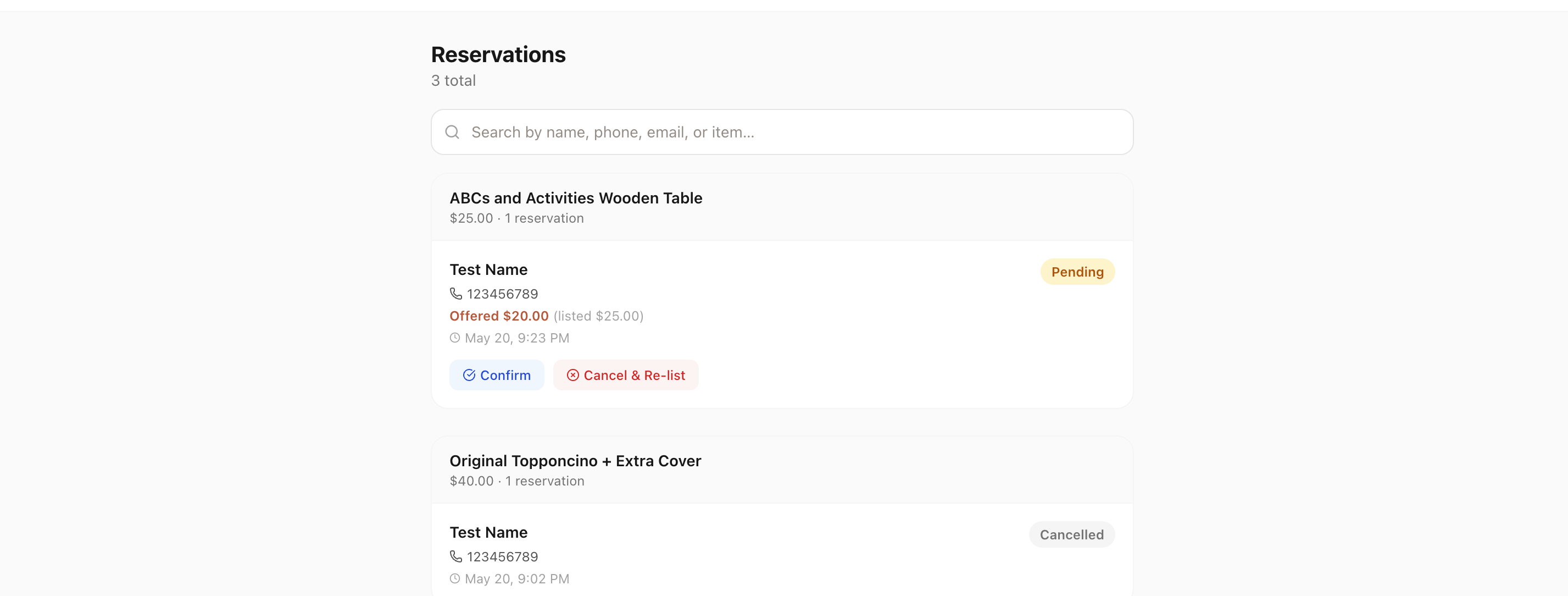 Reservations view showing offer prices and confirm or re-list actions