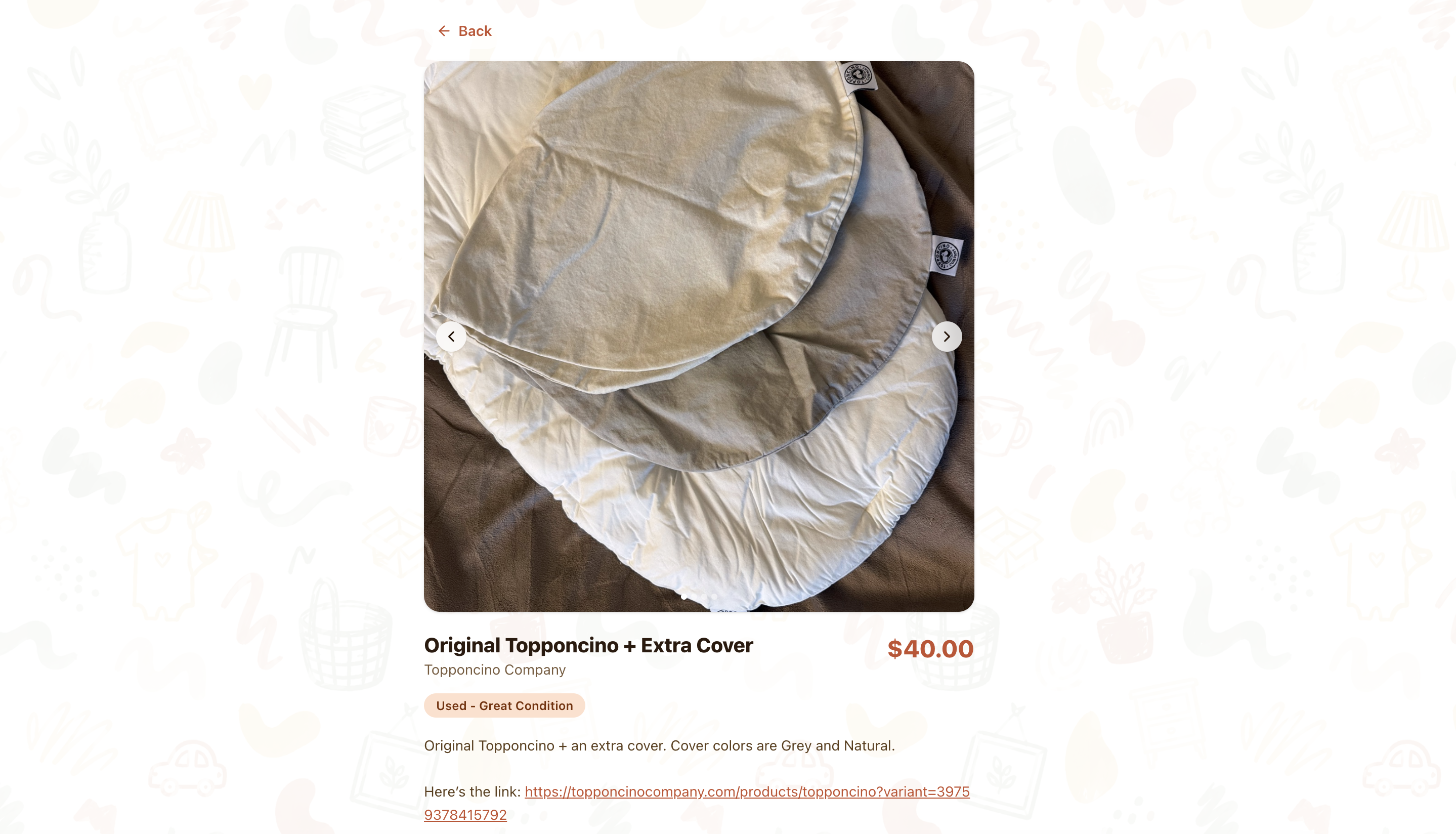 Item detail with photo carousel, price, and condition badge