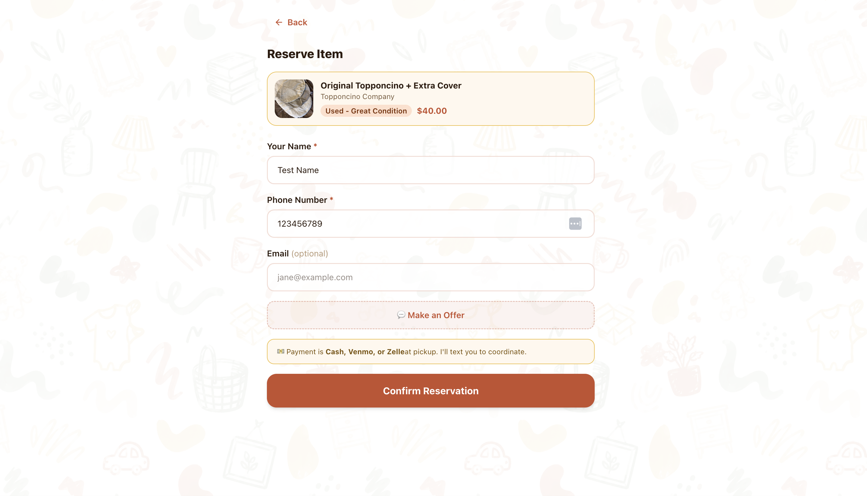 Reserve form with name and phone fields